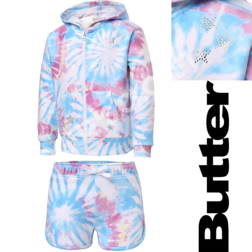 NEW! Butter Youth Girls 2-piece Set Multi Tie Dye Hoodie Zip Jacket and Shorts